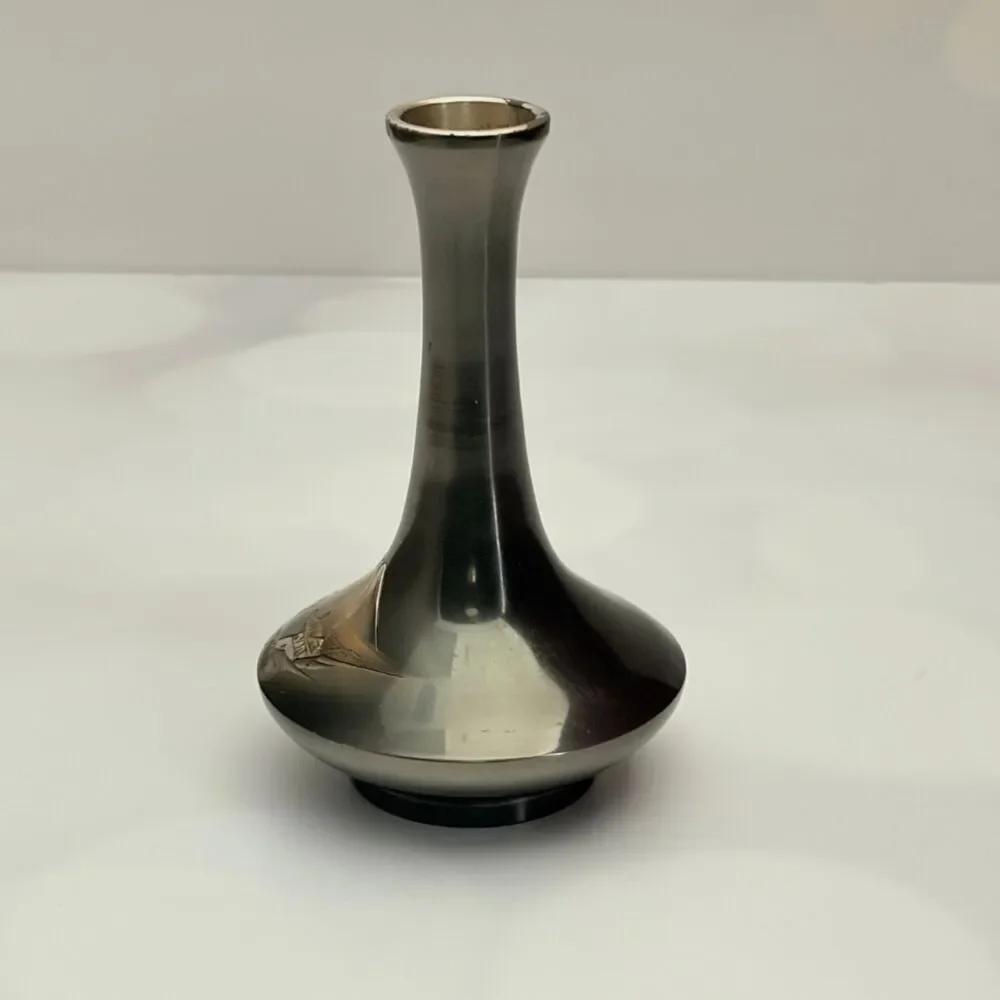 Japan Mixed Metal Bud Vase Etched Mt Fuji Pagoda Scene 4.5 Inch